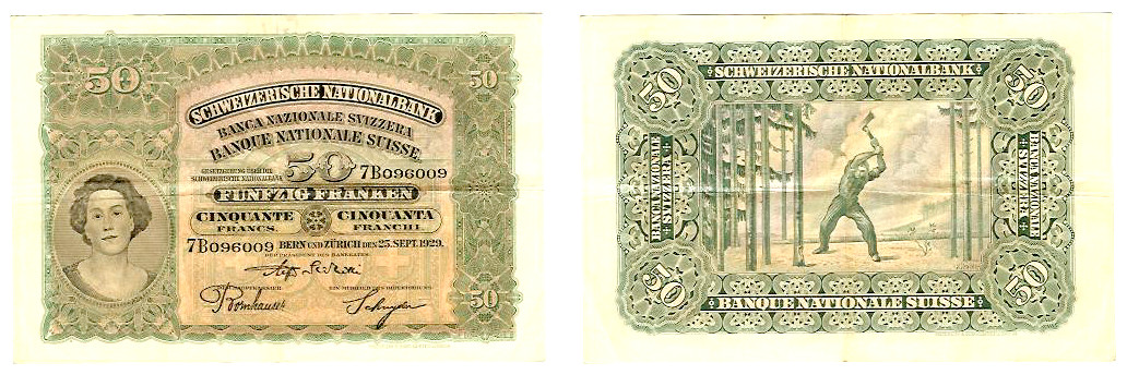 Swiss 50 Franken 25.9.1929 aEF
